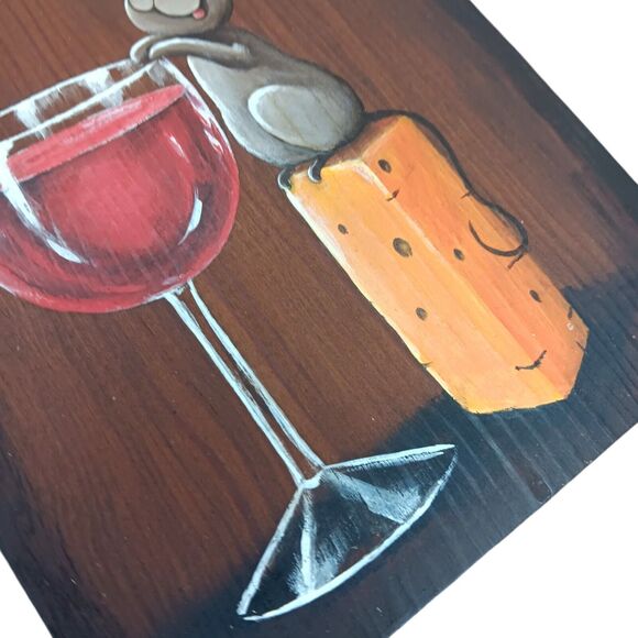 Mouse With Cheese And Wine Original Painting On Wood Signed Eddie Handpainted #2 - Picture 5 of 9